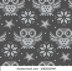 Owls jacquard knitted seamless pattern. Grey and white background with cute birds. Winter northern style. Vector illustration.