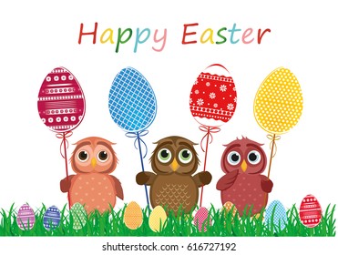 Owls keep Easter decorated eggs on a stick. Multicolored. Vector. Greeting card for the holiday. Empty space for text. Grass
