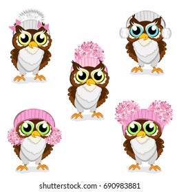 Owls in knitted hats set. Colored Vector illustration.