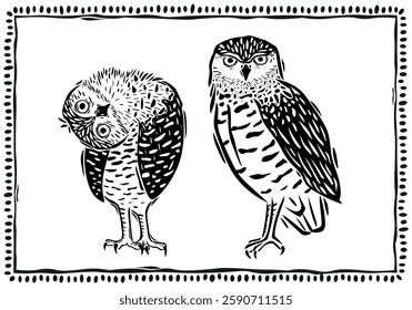 Owls linocut set. Animal life. Birds of prey. Illustration in vintage woodcut style, boho. Vector illustration.