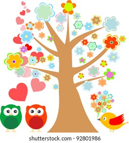 owls in love and bird with cute floral tree. vector