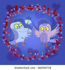 Owls in love on abstract background from hearts, postcard Valentine's day 