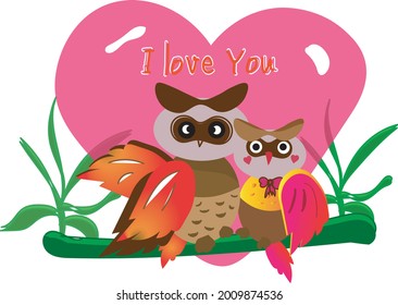 Owls are in love on Valentine's Day with hearts around them.
