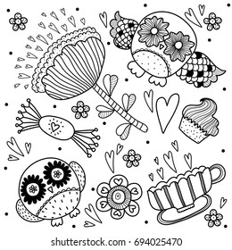 Owls, love and sweets. Coloring page.