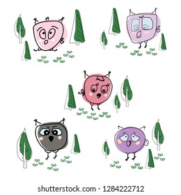 Owls are many, different owls with emotions. Forest, trees and plants. Vector illustration