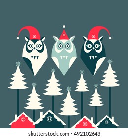 Owls. Merry christmas card.