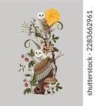 Owls, moon and branches isolated. Vector.