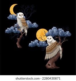 Owls, moon and branches isolated. Vector