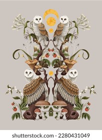 Owls, moon and branches isolated. Vector