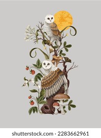Owls, moon and branches isolated. Vector.