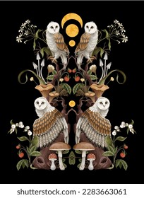 Owls, moon and branches isolated. Vector.