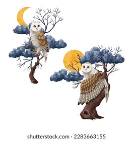 Owls, moon and branches isolated. Vector