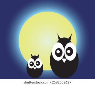 Owls in moonlit night. Vector drawing.