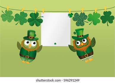 Owls in national costume for the Patrick day fly around the rope with Petals of clover with a paper blank with clothespins. Vector illustration. Greeting card with empty space for text or advertising.