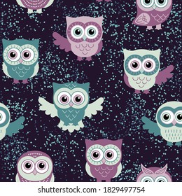 Lechuzas en la selva nocturna sin costura. Lechuzas en invierno. Vector Navidad y Año Nuevo fondo para tela, textiles, afiches, papel de envoltura de regalo, servilleta.