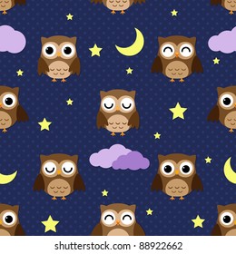 Owls at night with stars, clouds and moon. Seamless pattern.