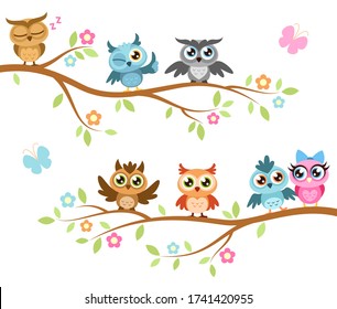 Owls on a branch. Colorful cute friends owls sitting on branches, joyful forest birds, pattern kids print, cartoon vector fun illustration