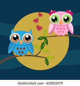 Owls on a branch with hearts on a moon background