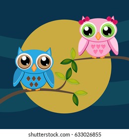 Owls on a branch on a moon background
