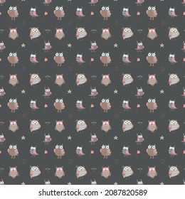 Owls on a dark background, seamless pattern. Vector illustration in minimalistic flat style with birds. Children s print on textiles, print design, postcards, banner, baby bedding.