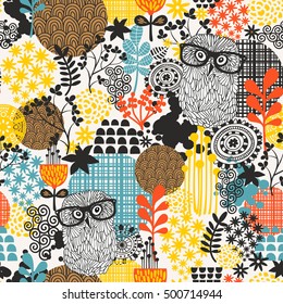 Owls on the field seamless pattern. Vector endless background.