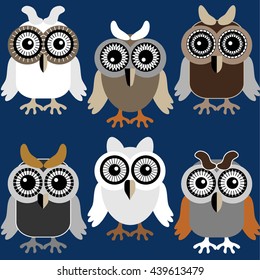 Owls on the night sky. Cartoon flat vector set.