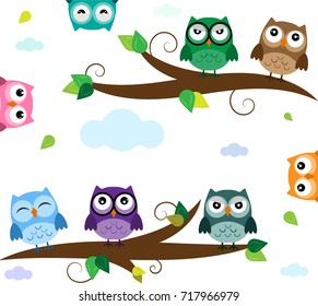 Owls on the tree, bright owls with different emotions, clouds and leaves