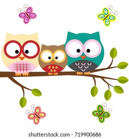 Owls on a tree with butterflies