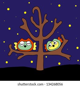 Owls on the tree at night. Vector illustration