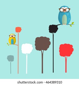 Owls on Trees. Simple Flat Design Vector Retro Cartoon.