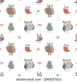 Owls in pastel colors, seamless pattern. Vector illustration in minimalistic flat style with wild birds. Cheerful print for textiles, print design, postcards, banner, bedding for kids.