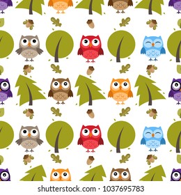 Owls pattern background. Forest, acorns and leaves. Vector Illustration. 