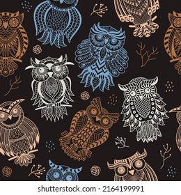 Owls pattern. Boho tribal textile design project with owls and ornate wings recent vector seamless decorative background