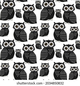 Owls pattern drawn with black lines. Drawing of birds, owl family. For printing on fabric.