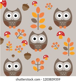 owls pattern. Funny forest background.