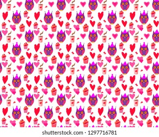 owl's pattern with hearts, cakes, coffees