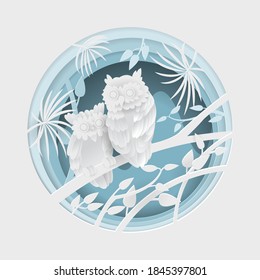 Owls perching on a branch in decorative round Frame .Paper art Vector illustration.