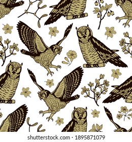 Owls and plants seamless pattern. Vector stock illustration eps10.