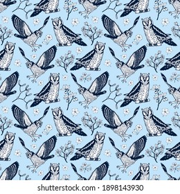 Owls and plants seamless pattern. Vector stock illustration eps10.