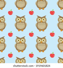 lechuzas y manzanas rojas sin soldadura en fondo azul. Diseño de patrones vectoriales.