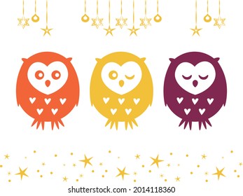 Owls resting on tree branches on a starry night