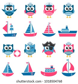 Owls sailors and boats set
