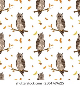 Owls seamless pattern with autumn forest elements. Oak branch, leaves and acorn. Creative kids texture for fabric, wrapping, textile, wallpaper, apparel. Vector cartoon on white background