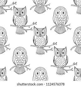 Owls seamless pattern. Black doodles owls on white background. Vector boundless background for your design.