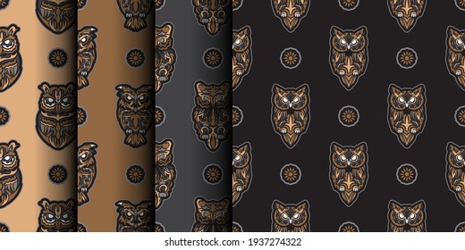 Owls seamless pattern in boho style. Good covers, fabrics, postcards and printing. Vector 