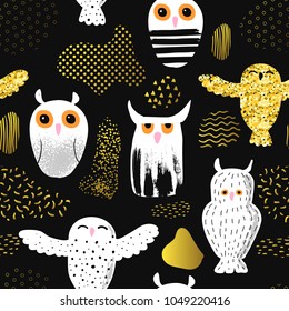 Owls Seamless Pattern in Childish Style. Kids Background with Cute Birds and Abstract Elements for Fabric Textile, Wallpaper, Decoration. Vector illustration