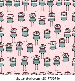 Owls seamless pattern. Modern design for paper, cover, fabric, interior decor on is a very light shade of pink-red background.