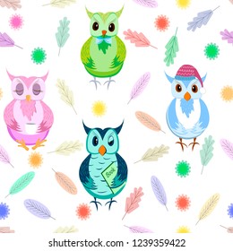 Owls seamless pattern on white background. Colorful backdrop with adorable owlets in different poses. Modern flat vector illustration for wallpaper, wrapping paper, fabric print.