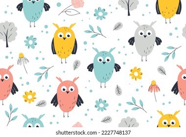 Owls seamless pattern. Repeating design element for printing on fabric. Birds and animals, forest dweller with flowers. Flora and fauna. Poster or banner for website. Cartoon flat vector illustration