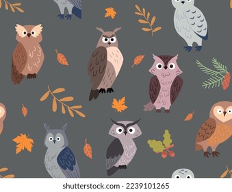 Patrón sin fisuras de búhos. Elemento de diseño repetitivo para imprimir en tela. Habitante forestal, símbolo de noche, pájaro y animal con ramas amarillas. Fauna y vida salvaje. Dibujo vectorial plano de dibujos animados